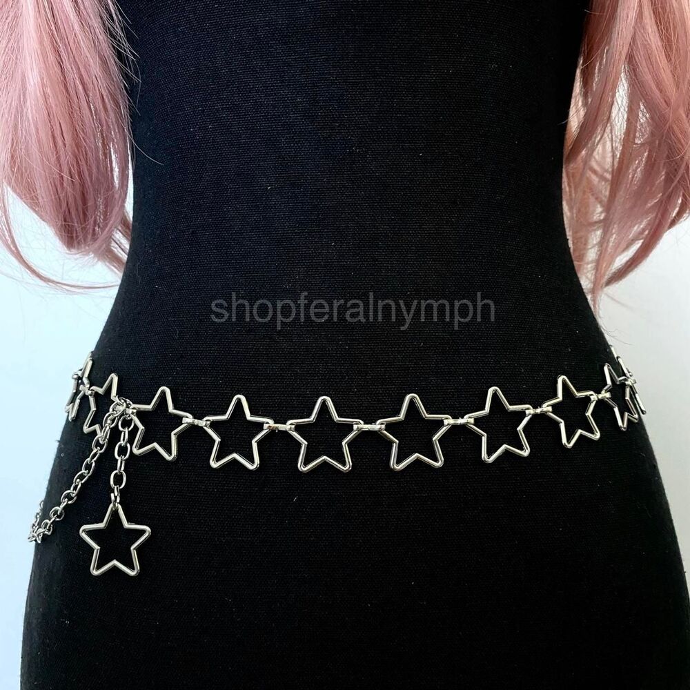 Silver Y2K Open Star Link Cutout Waist Chain Belt, Fits 21-38 Inches, X7GA1415